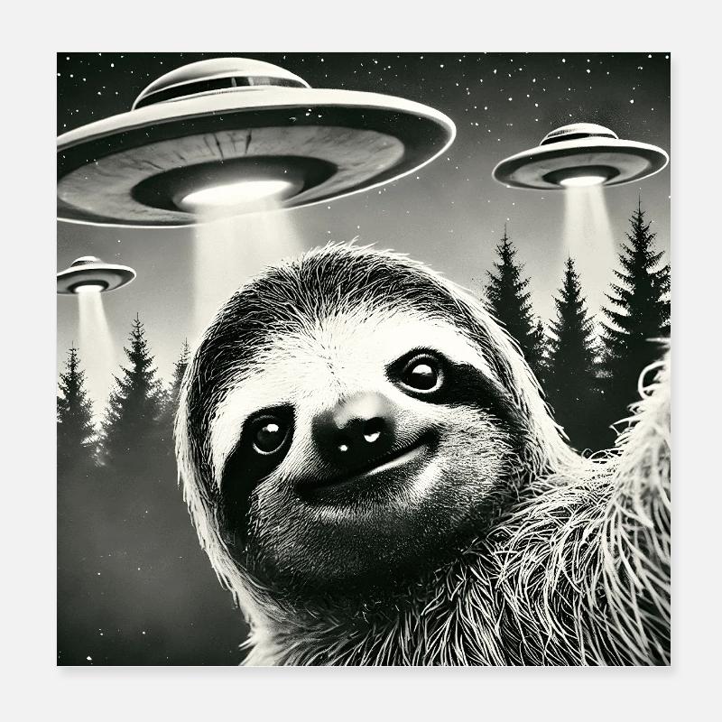 Lusitges Sloth UFO Alien Selfie Poster 8" x 8" (20x20 cm)