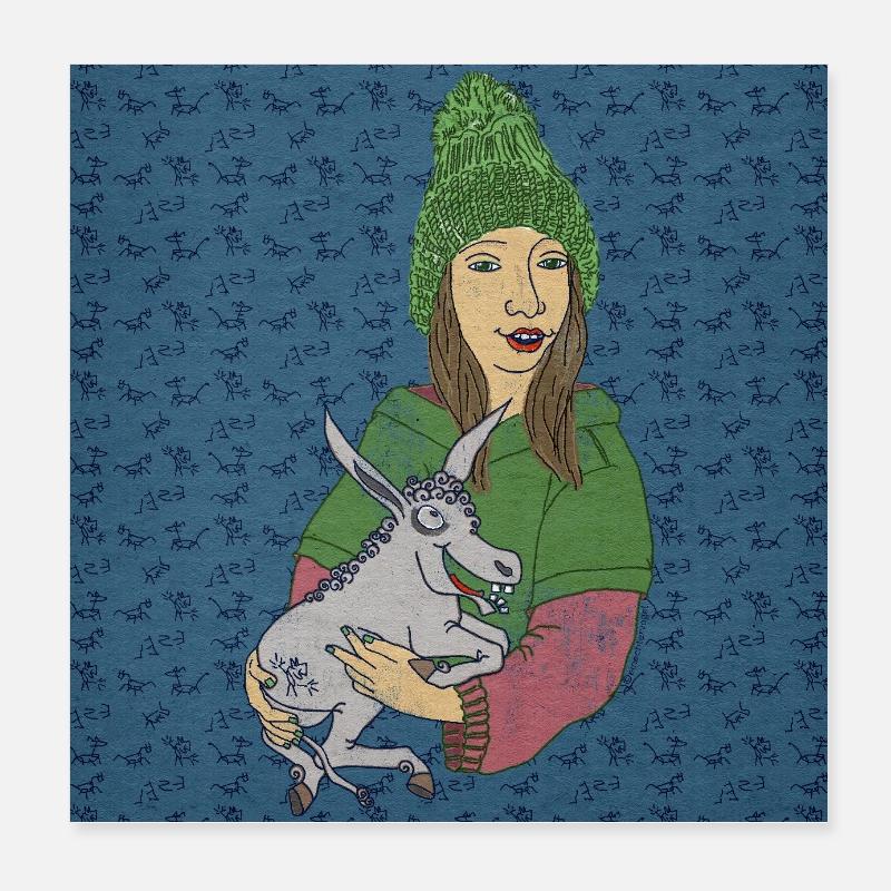 Fille avec chapeau à pompon et âne joyeux Poster 20 x 20 cm