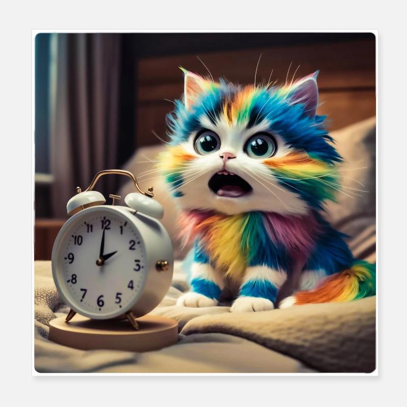 Cat with alarm clock Poster 8" x 8" (20x20 cm)