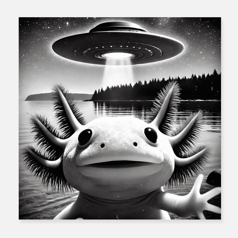 Funny Axolotl Selfie UFO Alien Poster 8" x 8" (20x20 cm)