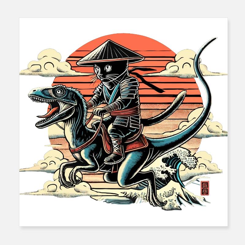 Ninja Cat Raptor Dino Cone Hat Gift Poster 8" x 8" (20x20 cm)