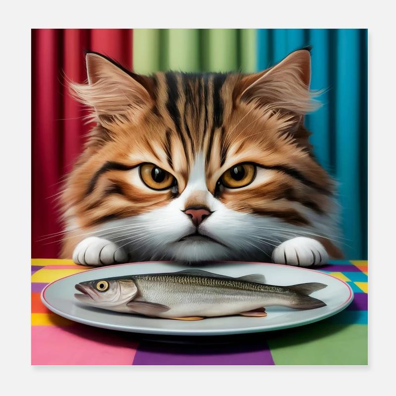 Katze mit Fisch Poster 20x20 cm