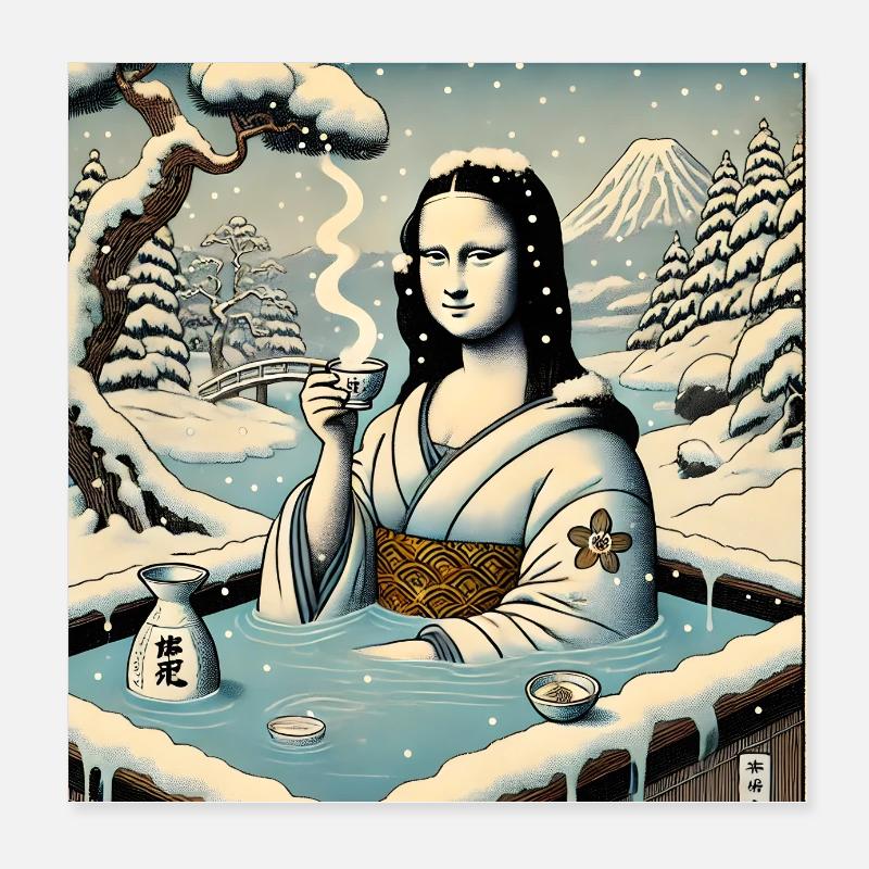 Mona Lisa buvant du saké dans un onsen Poster 20 x 20 cm