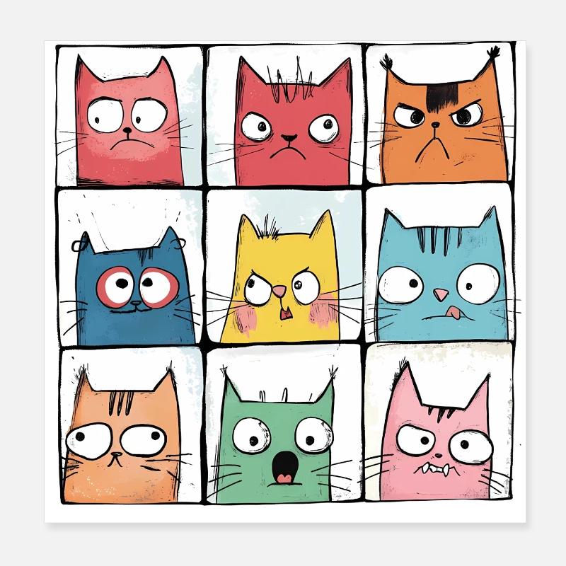 Comic Katzen | mürrische Gesichter | 3x3 Raster Poster 20x20 cm