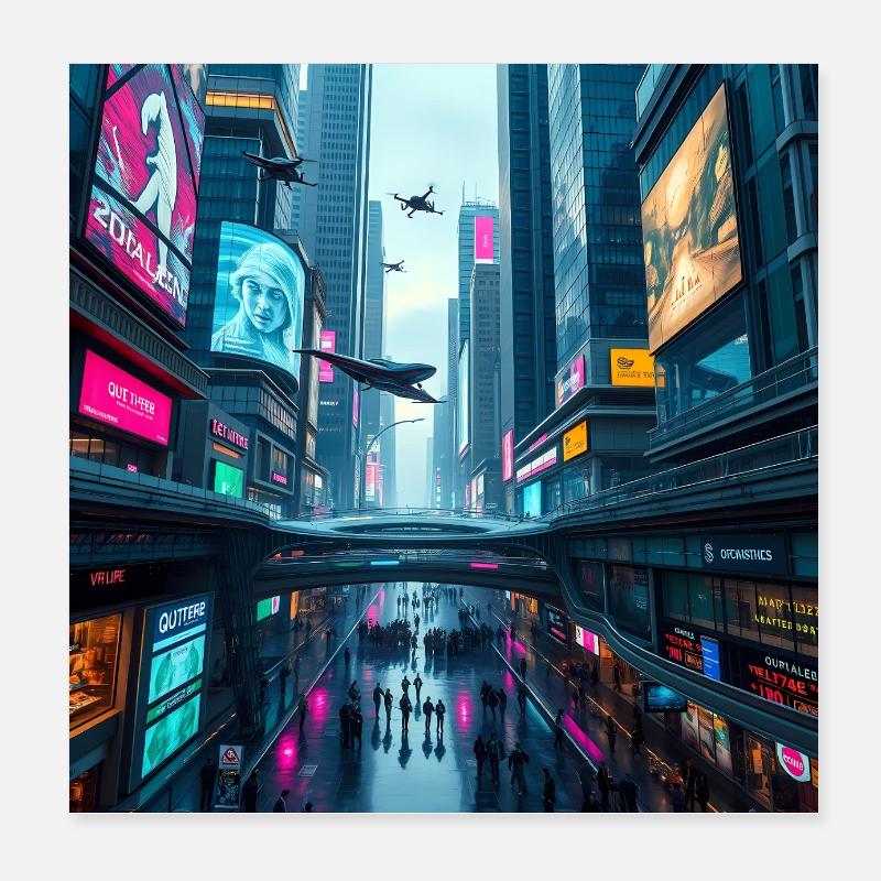 Futuristic Neon Cityscape: A Vibrant Vision Poster 8" x 8" (20x20 cm)