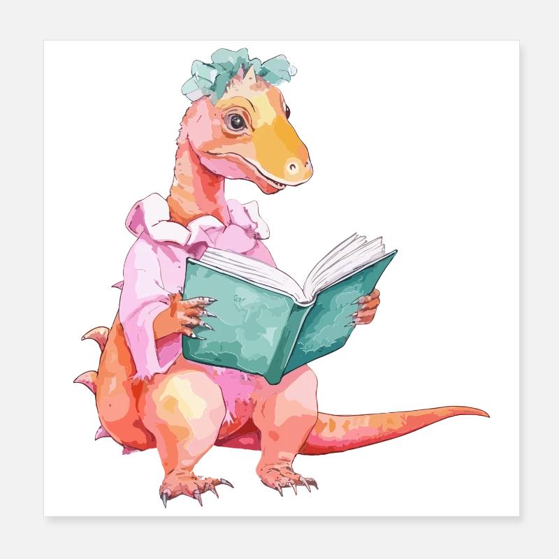 Lesender Dinosaurier - Bücher T-Rex Poster 20x20 cm