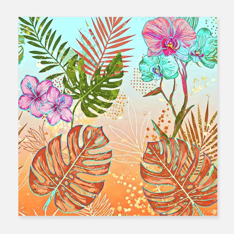 Monstera Tropical Flowers and Leaves Pattern Poster 8" x 8" (20x20 cm)