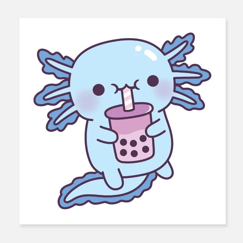 Cute Blue Axolotl Drinking Taro Boba Milk Tea Poster 8" x 8" (20x20 cm)