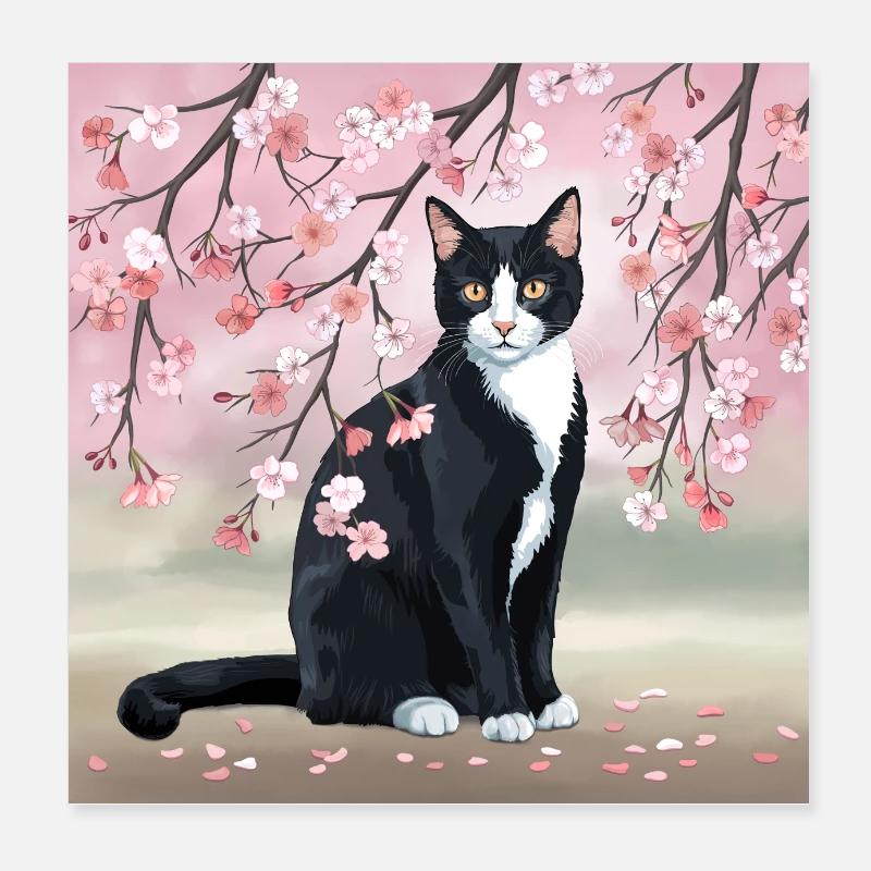 Kirschblüten-Katze: Rosa Sakura, Schwarze Katze Poster 20x20 cm