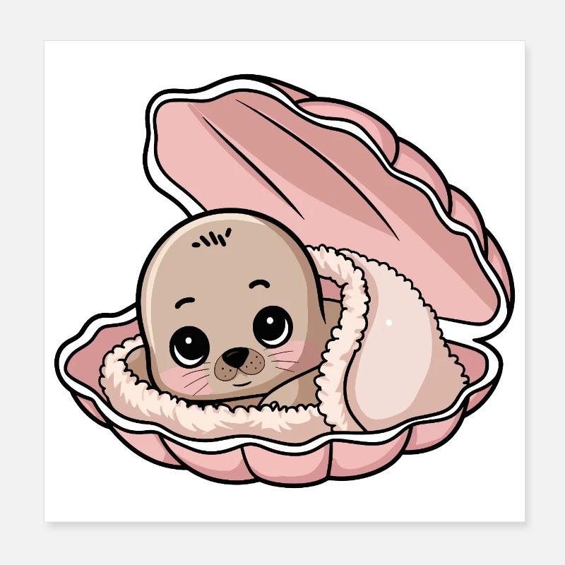 Bébé phoque douillet dans un coquillage rose Poster 20 x 20 cm