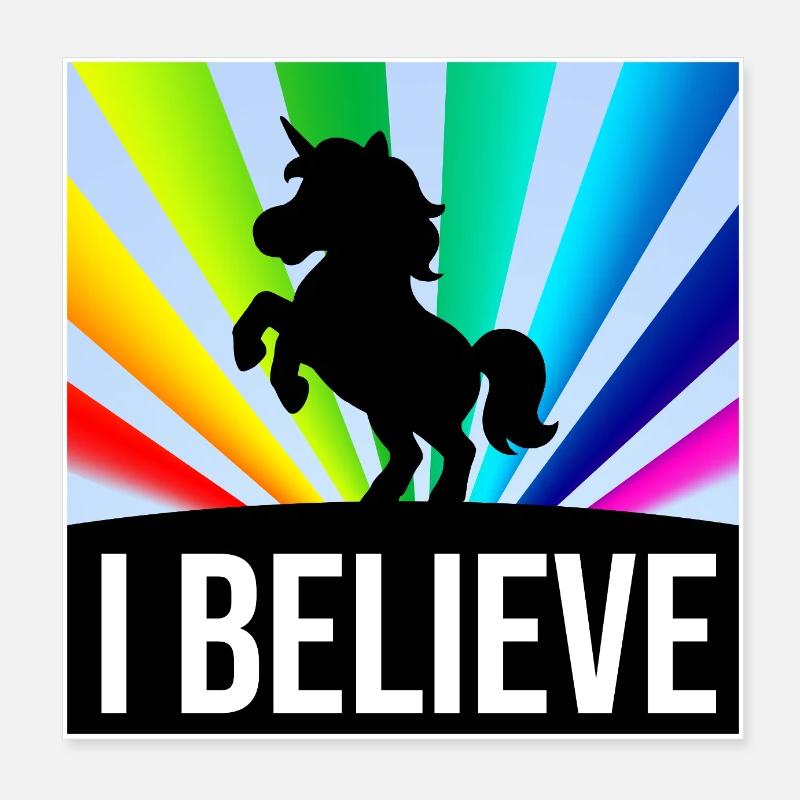 I BELIEVE Einhorn vor leuchtenden Regenbogenstrahl Poster 20x20 cm