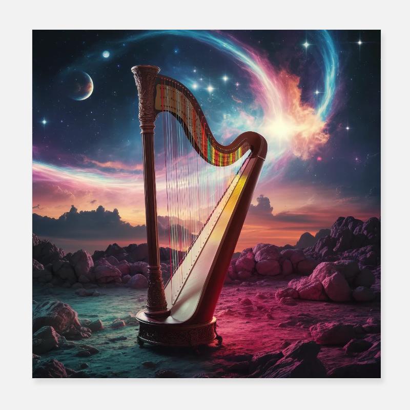 Mystische Harfe Im Kosmischen Sternenhimmel Poster 20x20 cm