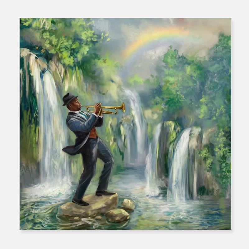 Trompettiste de jazz devant les cascades dans la jungle Poster 20 x 20 cm