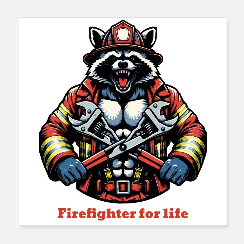 Fire Brigade Raccoon Poster 8" x 8" (20x20 cm)