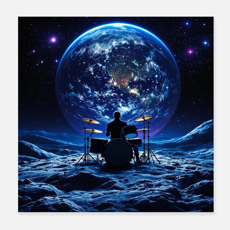 Drummer on the Moon in front of Earth In Space Poster 8" x 8" (20x20 cm)