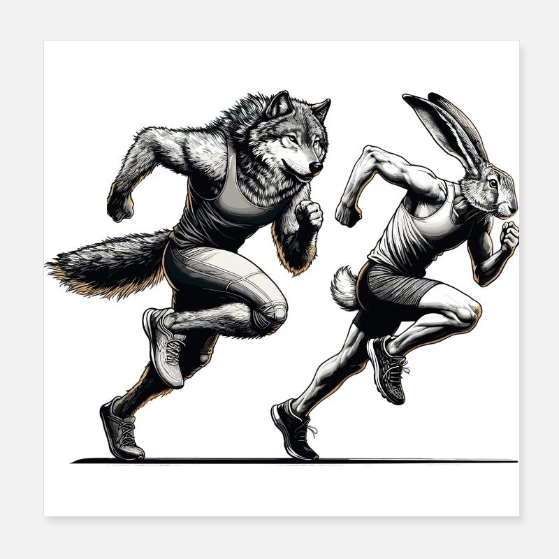 Competition Rabbit and Wolf Race Sprint Gift Poster 8" x 8" (20x20 cm)