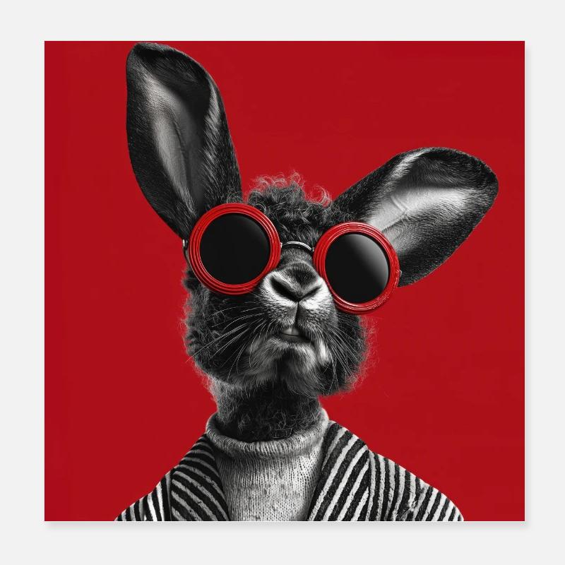 Hase mit Sonnenbrille vor rotem Hintergrund Poster 20x20 cm