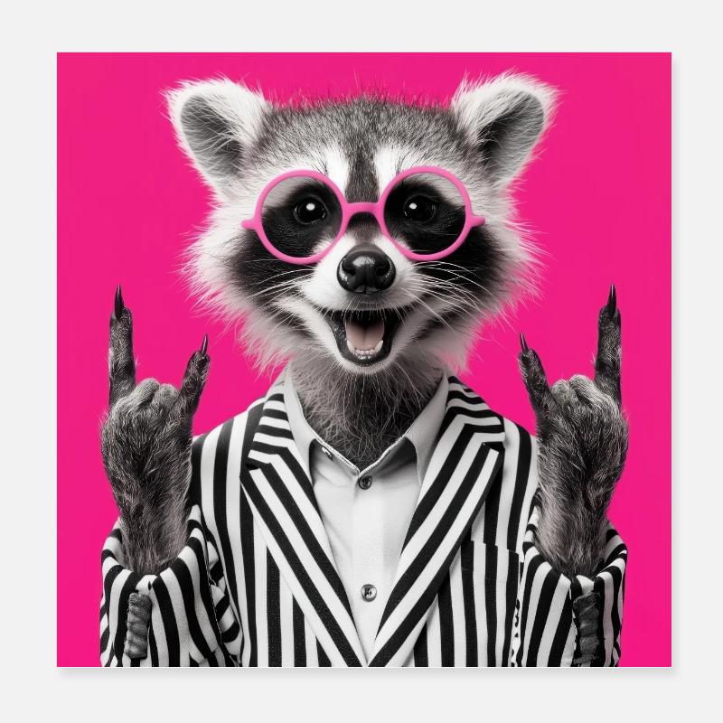 Waschbär mit Doppel Rock Handgeste Poster 20x20 cm