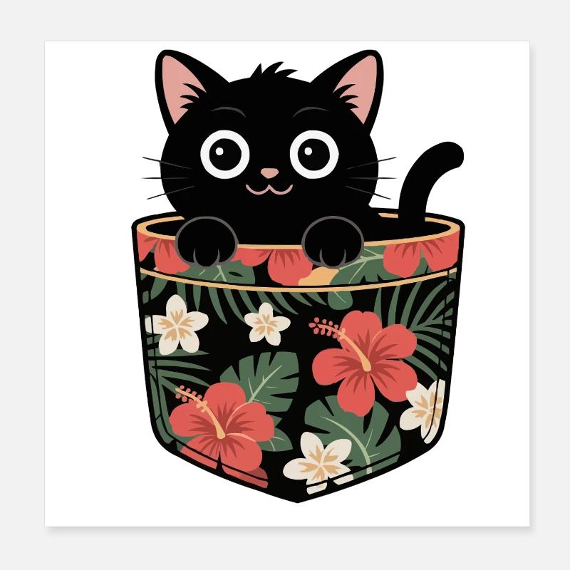 Chat noir mignon dans un design de poche tropicale Poster 20 x 20 cm