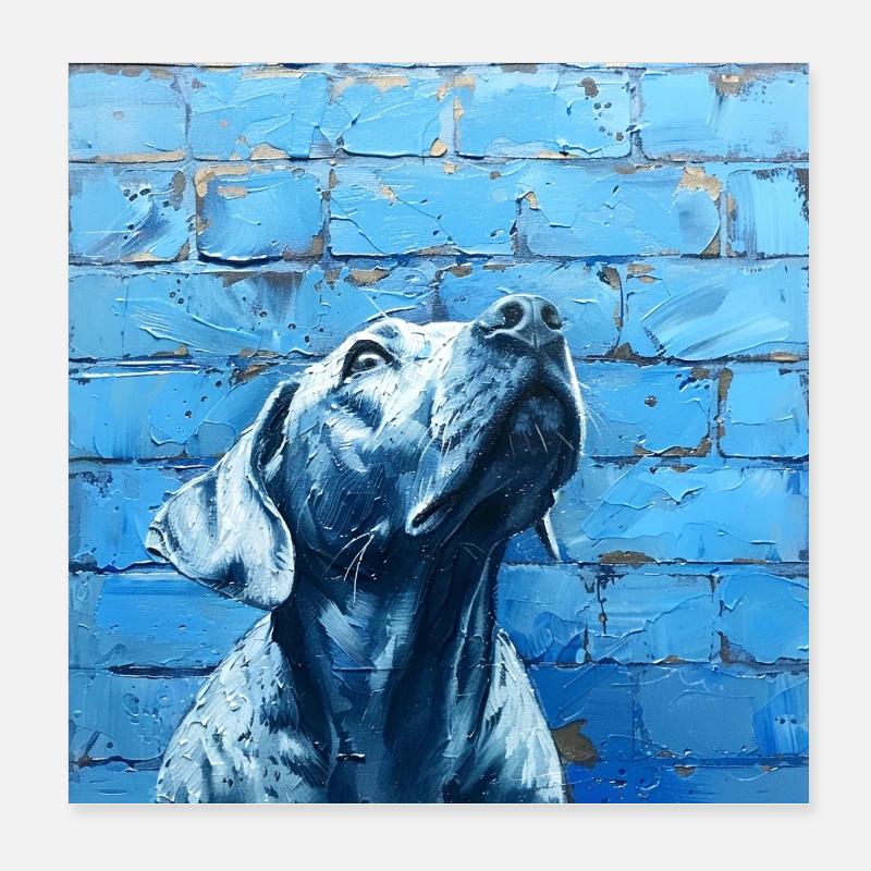 Hund vor blauer Wand treu hinauf blickend Poster 20x20 cm
