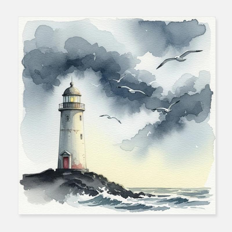Ein einsamer Leuchtturm - Poster 20x20 cm - Weiß