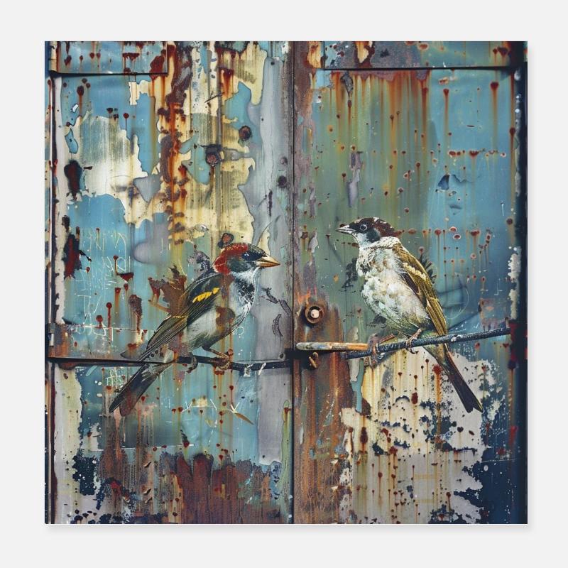Graffiti Oiseaux chanteurs Rouille Métal Conteneur Urbain Poster 20 x 20 cm