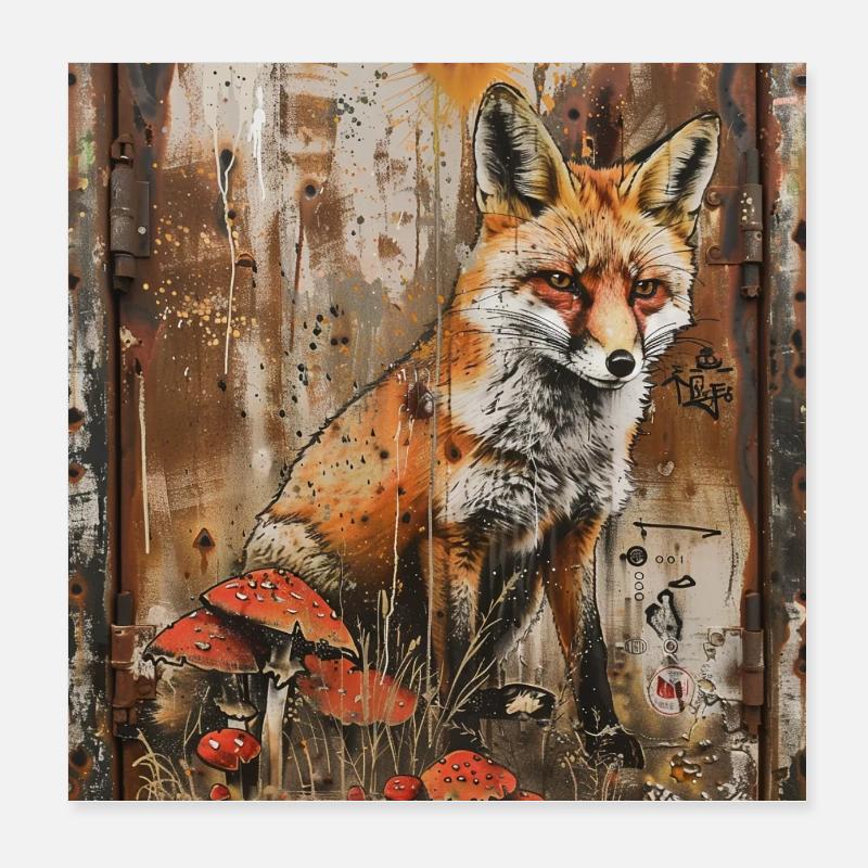 Graffiti Fox Toadstools Rust Metal Street Art Poster 8" x 8" (20x20 cm)