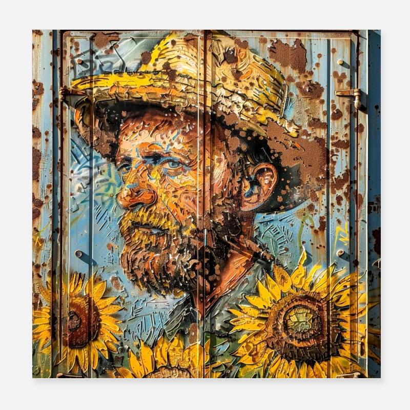Graffiti Man Portrait Hat Sunflower Rust Metal Poster 8" x 8" (20x20 cm)