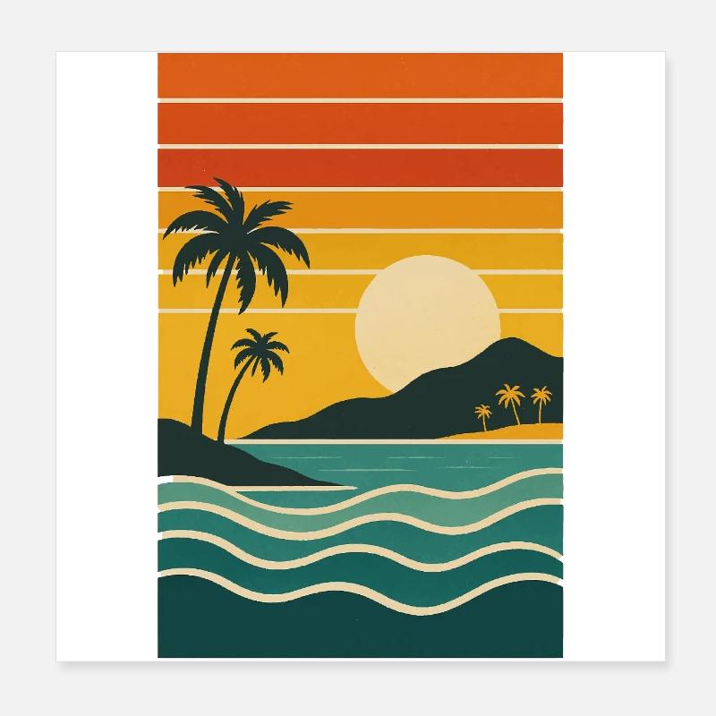 Tropical Sunset with Palm Trees – Retro Stra Poster 8" x 8" (20x20 cm)