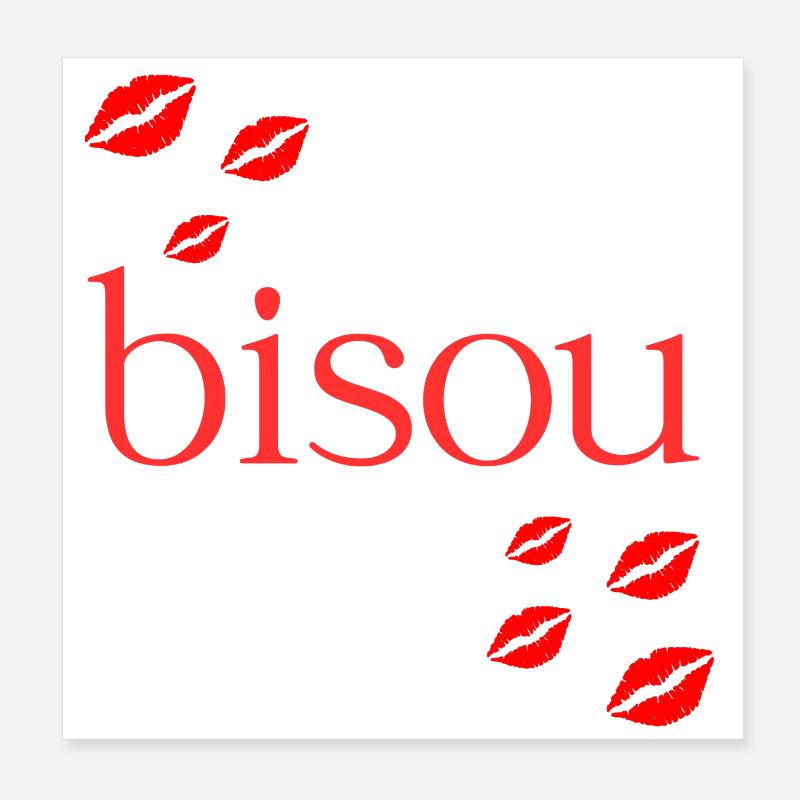 Bisou Red Typography with Kissing Lips Poster 8" x 8" (20x20 cm)