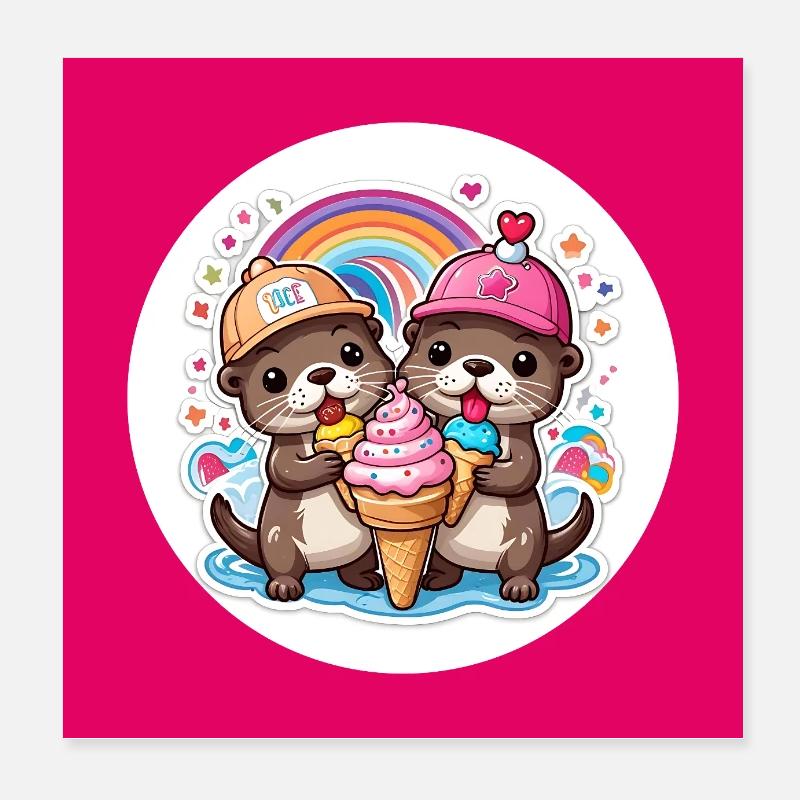 Deux loutres avec un cornet de crème glacée coloré Poster 20 x 20 cm