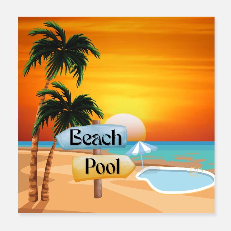 Plage tropicale avec piscine et coucher de soleil Poster 20 x 20 cm