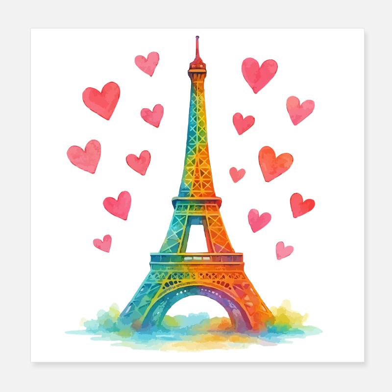 Eiffel Tower Paris Watercolor Hearts Poster 8" x 8" (20x20 cm)