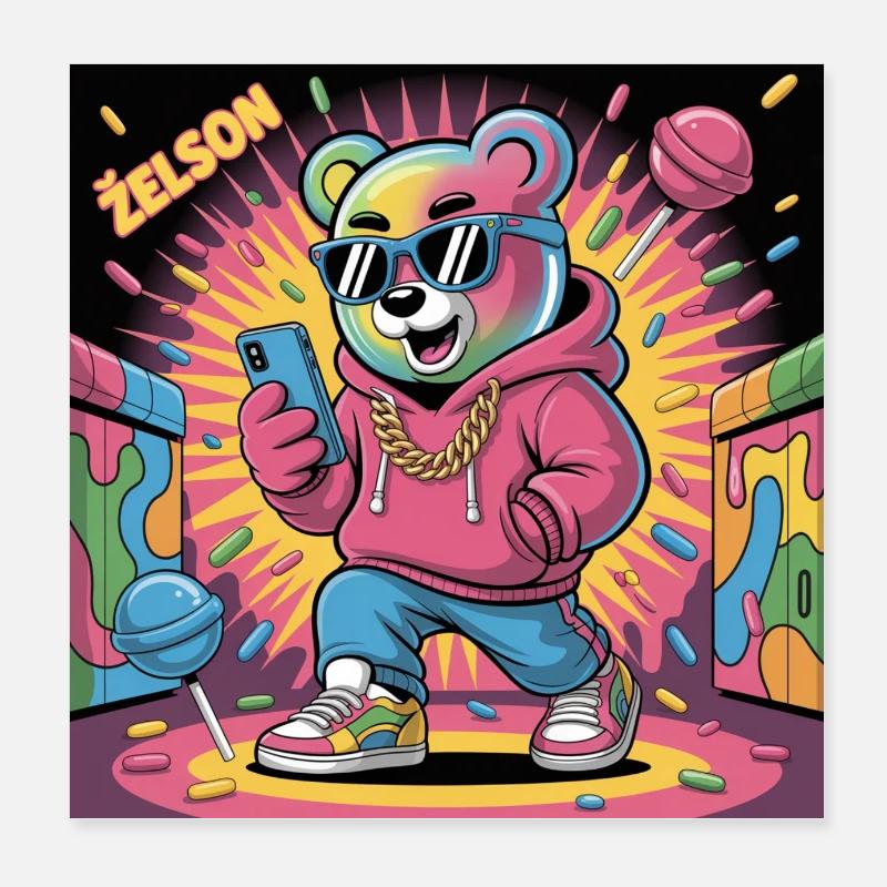 Colourful Bear Rapper Illustration Poster 8" x 8" (20x20 cm)