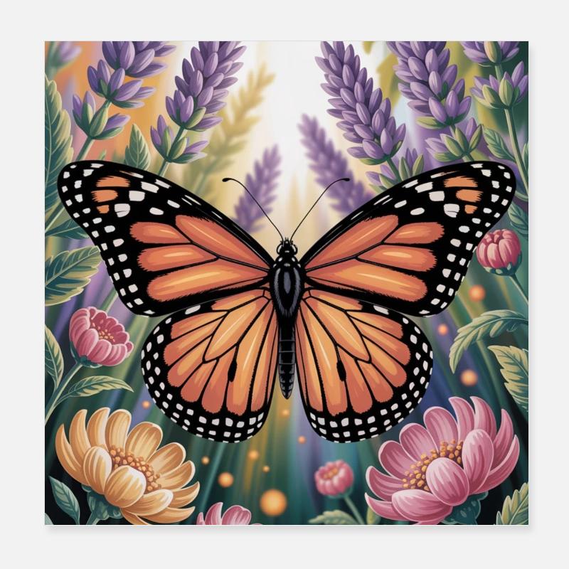 Papillon monarque vibrant Amidlavender fleurit Poster 20 x 20 cm