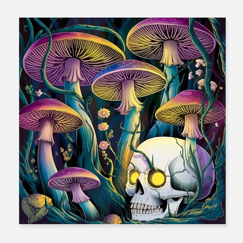 Illustration de crâne de champignon gothique néon Poster 20 x 20 cm