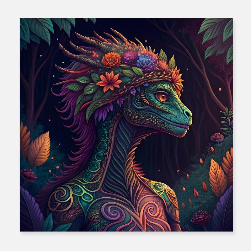 Mythischer Dschungeldrache Illustration Poster 20x20 cm
