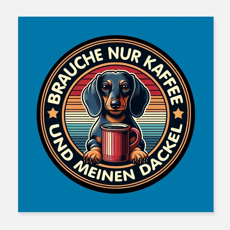 Hund Dackel mit Kaffeetasse Retro Design Poster 20x20 cm