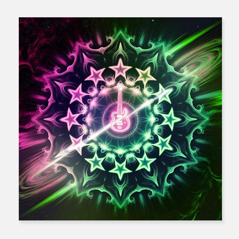 Neon Guitar Mandala Art Poster 8" x 8" (20x20 cm)