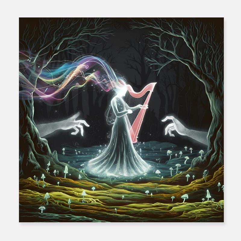 Conception de la sorcière de la harpe de la forêt enchantée Poster 20 x 20 cm