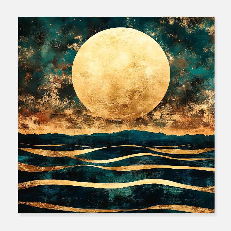 Lune dorée sur horizon aquarelle Poster 20 x 20 cm