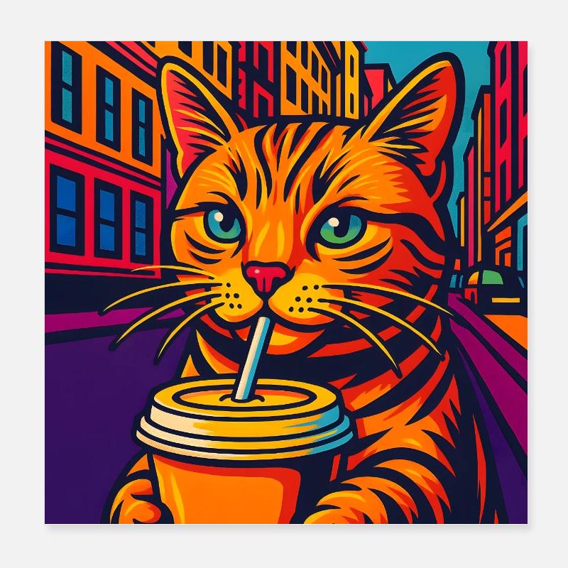 Chat urbain dynamique avec boisson, aime les chats Poster 20 x 20 cm