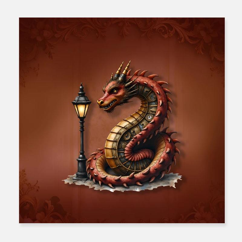 Steampunk-Drache mit Laternenpfahl Poster 20x20 cm