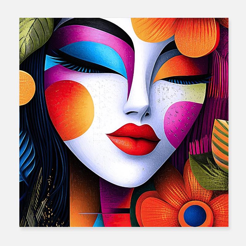 Portrait abstrait aux couleurs vives - Poster 20 x 20 cm - blanc