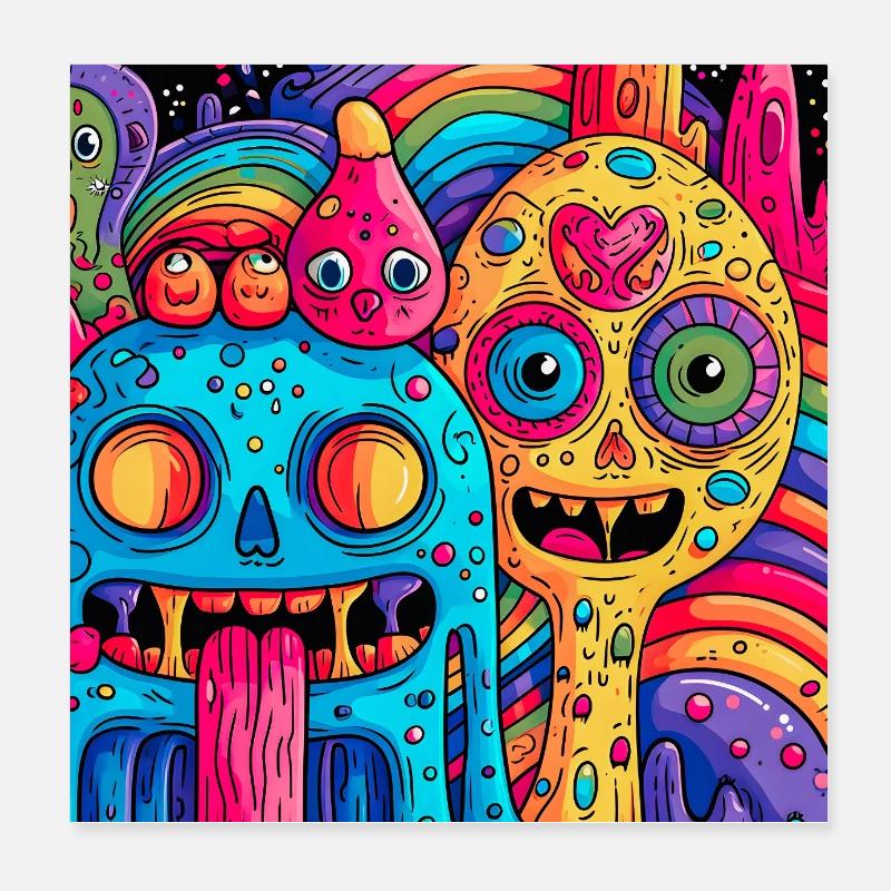 Créatures fantastiques psychédéliques colorées Poster 20 x 20 cm