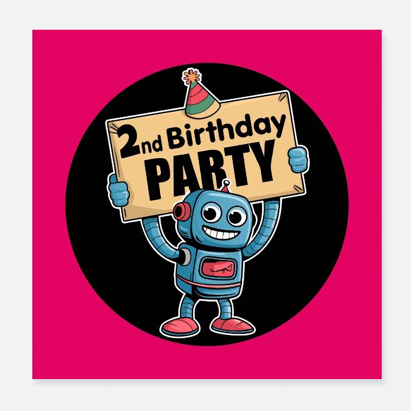 Conception de fête d'anniversaire de robot pour le 2e anniversaire Poster 20 x 20 cm