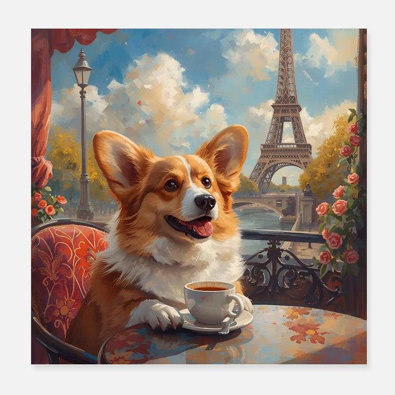 Corgi buvant du café devant la Tour Eiffel à Paris - Poster 20 x 20 cm - blanc