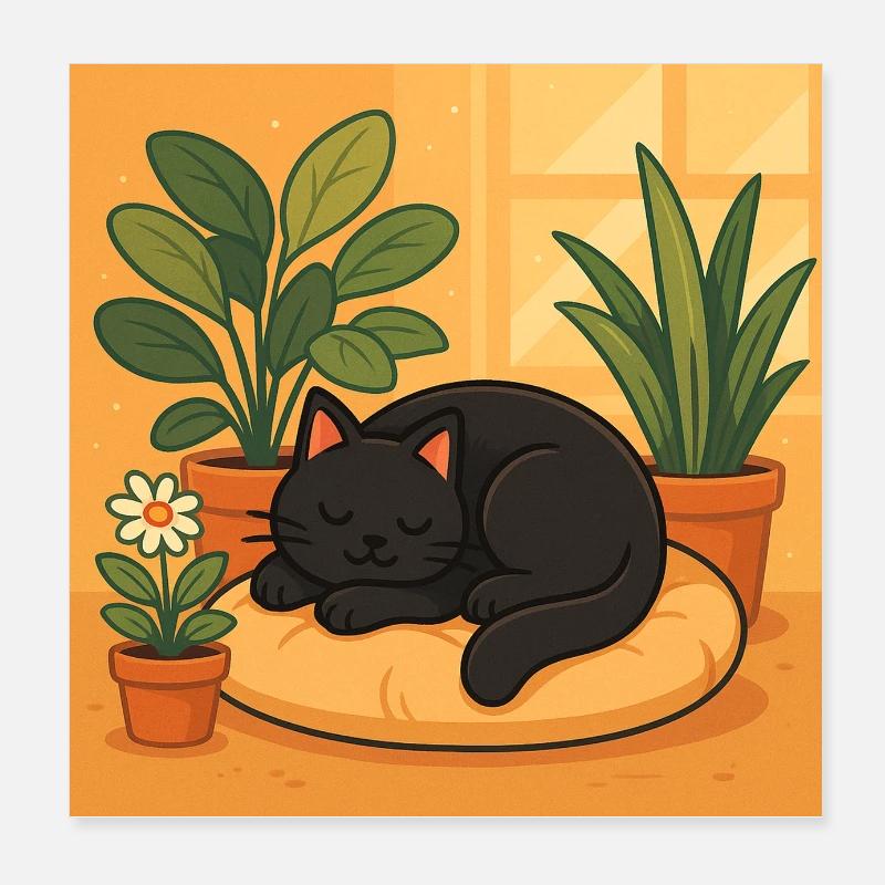 Repos pour chat douillet avec des plantes - Poster 20 x 20 cm - blanc