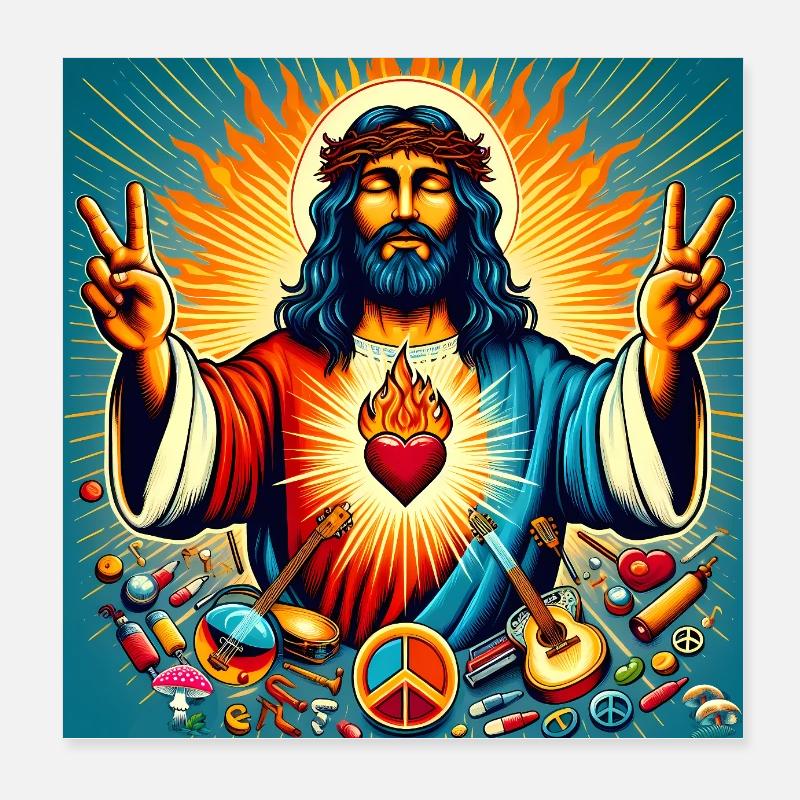 Psychedelic Peace - Jesus, burning heart Poster 20x20 cm
