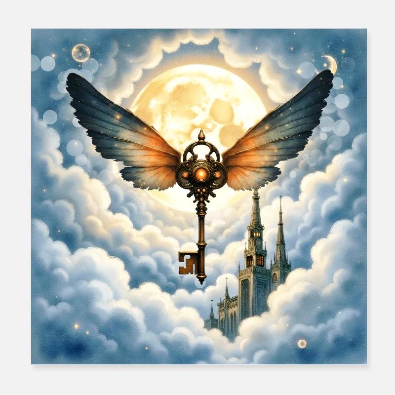 Clé ailée dans le ciel nocturne Poster 20 x 20 cm